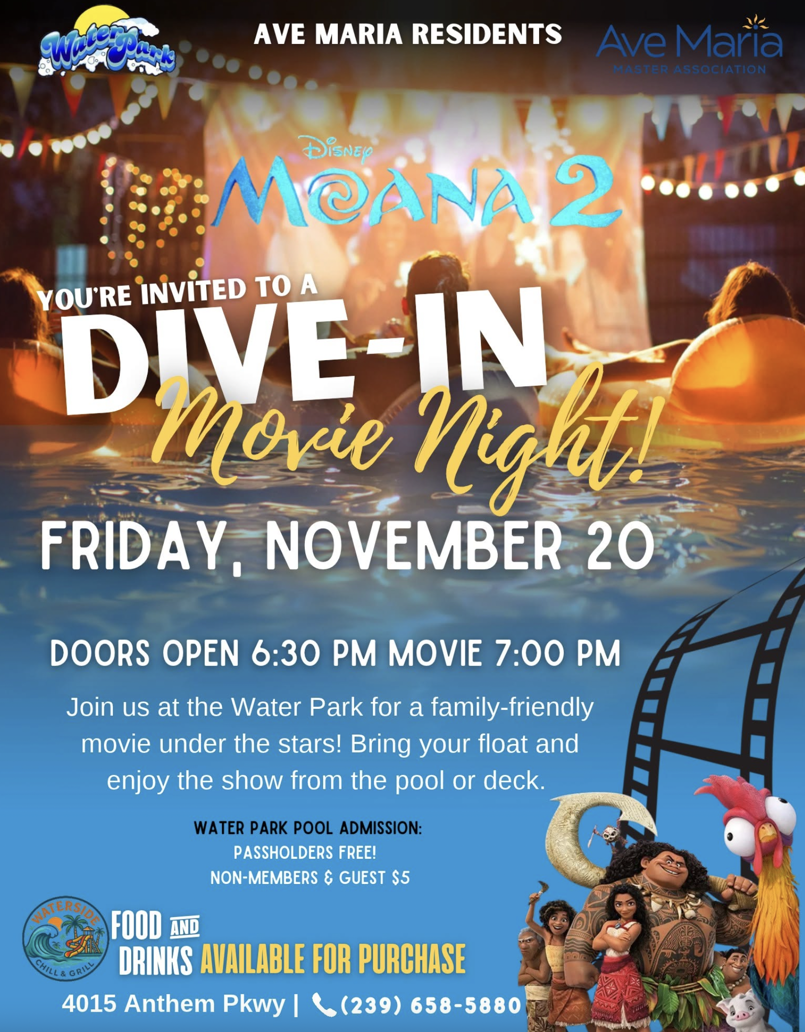 Dive-In Movie Night Featuring Disney's Moana 2 | Ave Maria, FL | November 20, 2026 flyer
