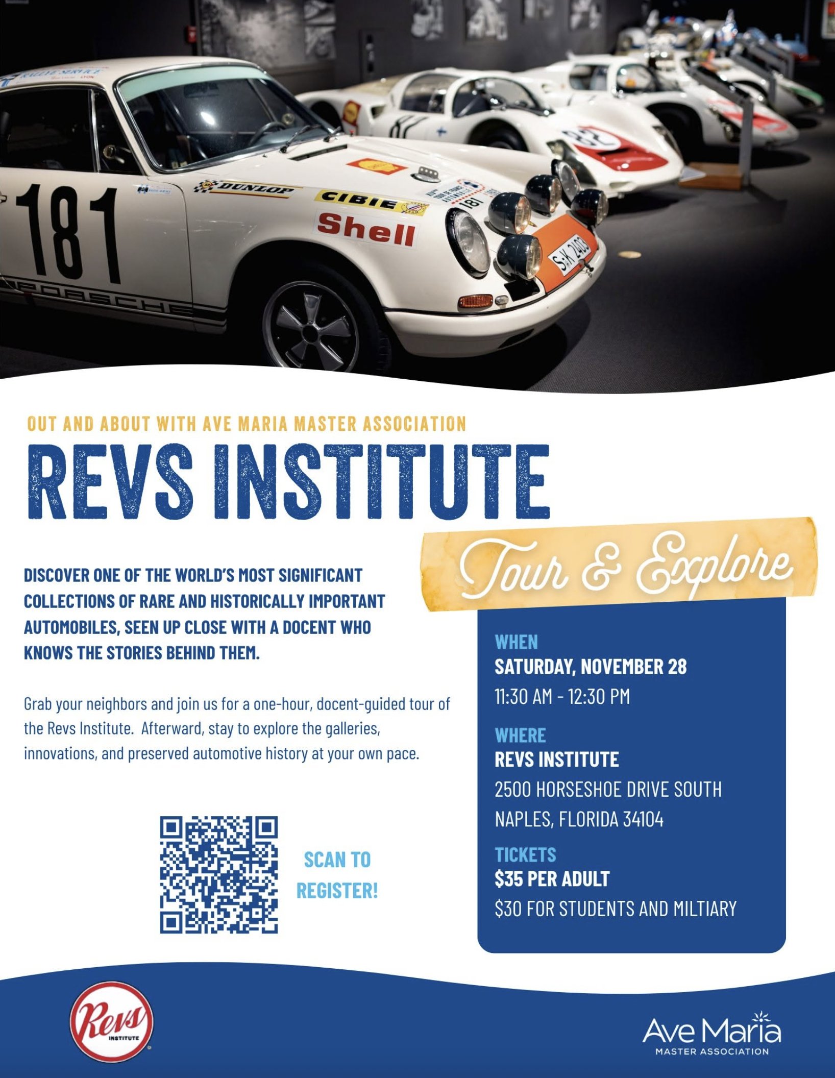 Revs Institute Guided Tour in Naples, FL | Ave Maria Master Association flyer