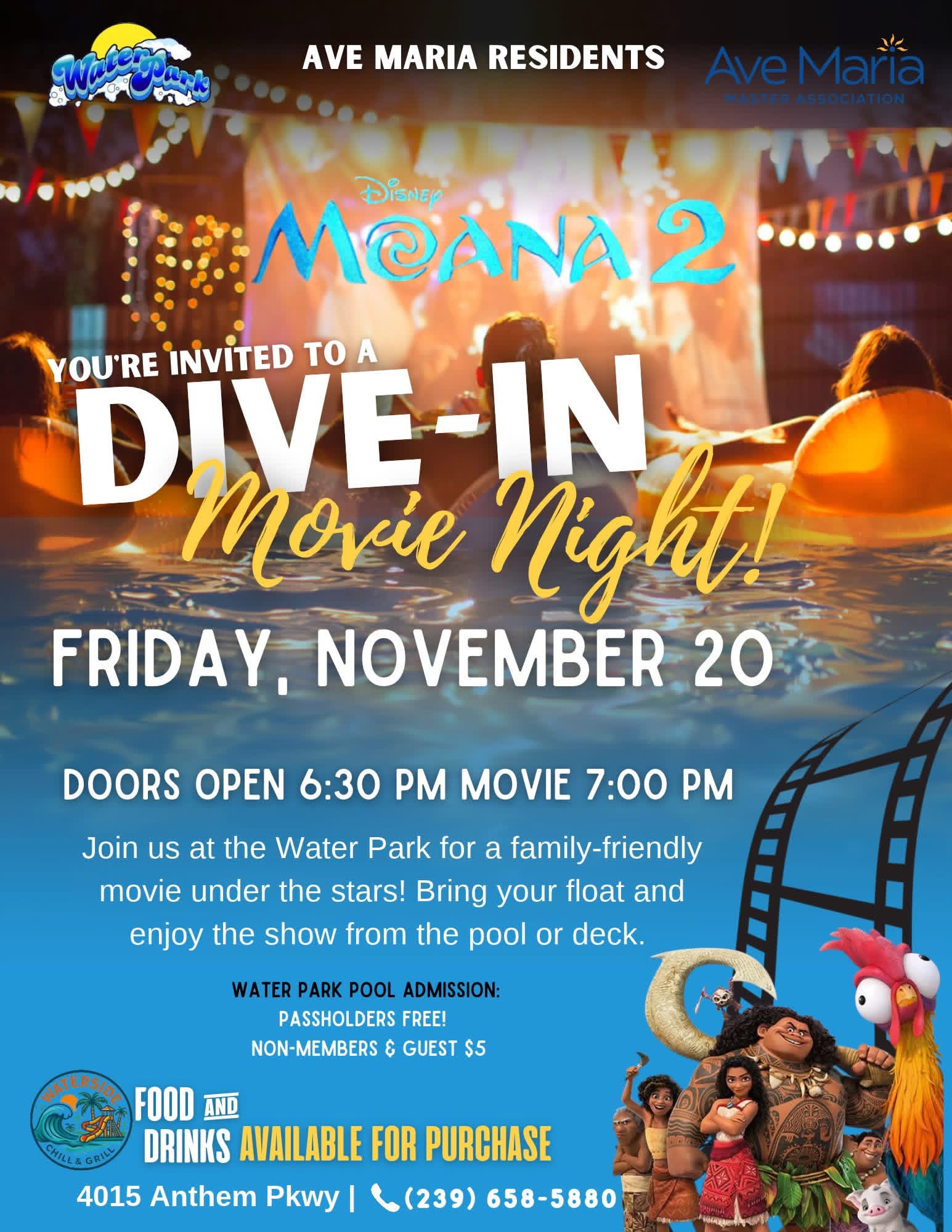 Dive-In Movie Night: Moana 2 at Ave Maria Water Park flyer