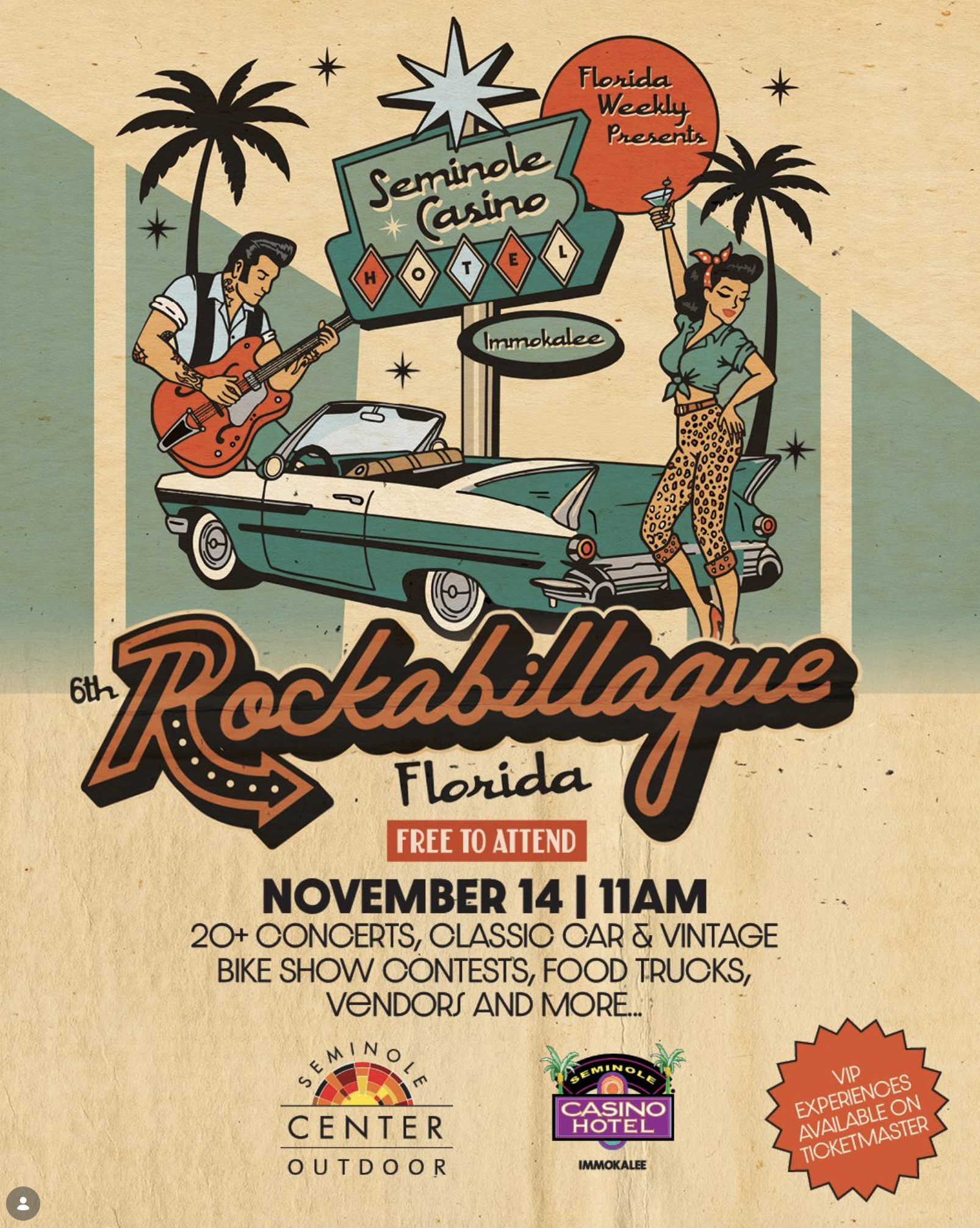 Rockabillaque Florida 2026 at Seminole Casino Immokalee | Live Music, Classic Cars & Vintage Festival flyer